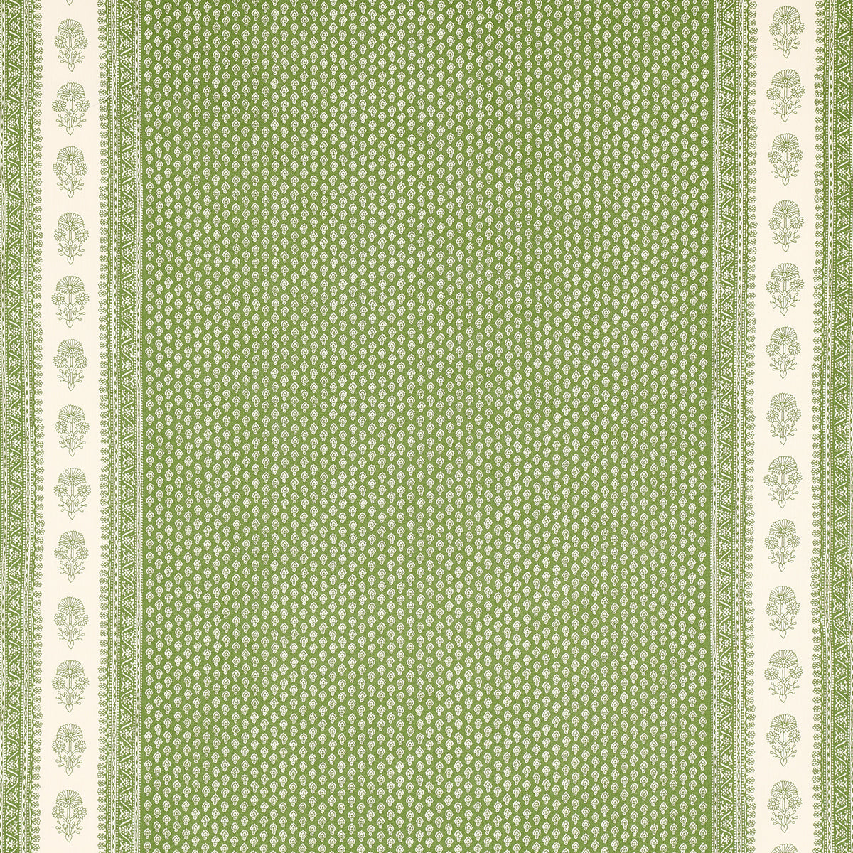 Green fabric with tiny white geometric print and white side borders with green floral motifs; decorative textile.