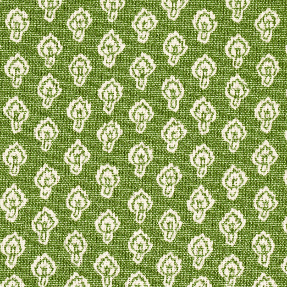 Olive green fabric with white repeated floral/leaf motifs; woven texture, decorative pattern.