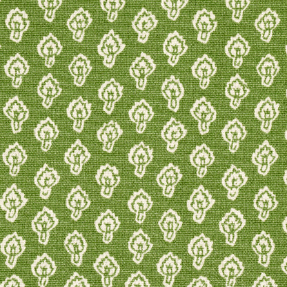 Olive green fabric with white repeated floral/leaf motifs; woven texture, decorative pattern.