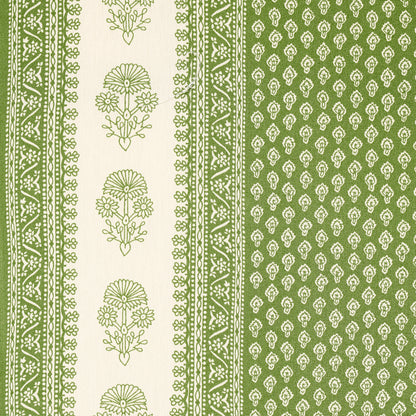 Green and ivory botanical print with ornate borders and a pale sage gradient panel.