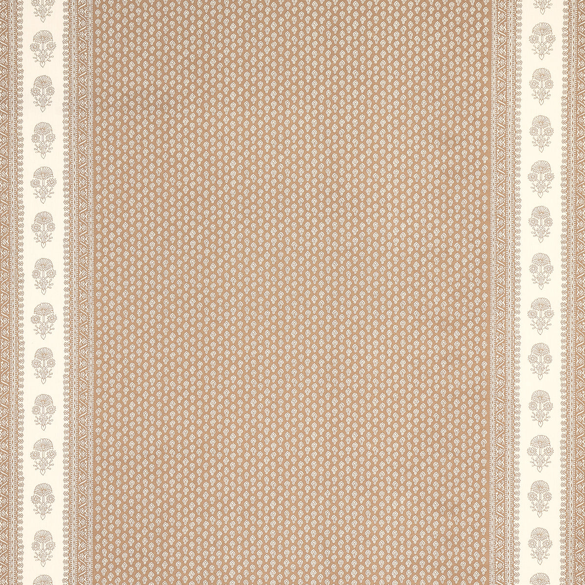 Beige traditional oriental rug with tiny tan pattern and cream floral borders along edges.