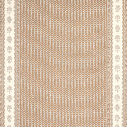 Beige traditional oriental rug with tiny tan pattern and cream floral borders along edges.