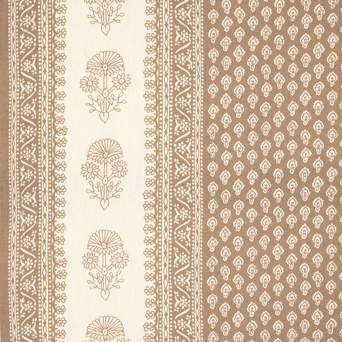 Beige wallpaper with ornate brown floral and geometric border on the left and a plain taupe field on the right.