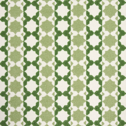 Green and white geometric lattice fabric with trellis motif, woven textile suitable for upholstery or decor.