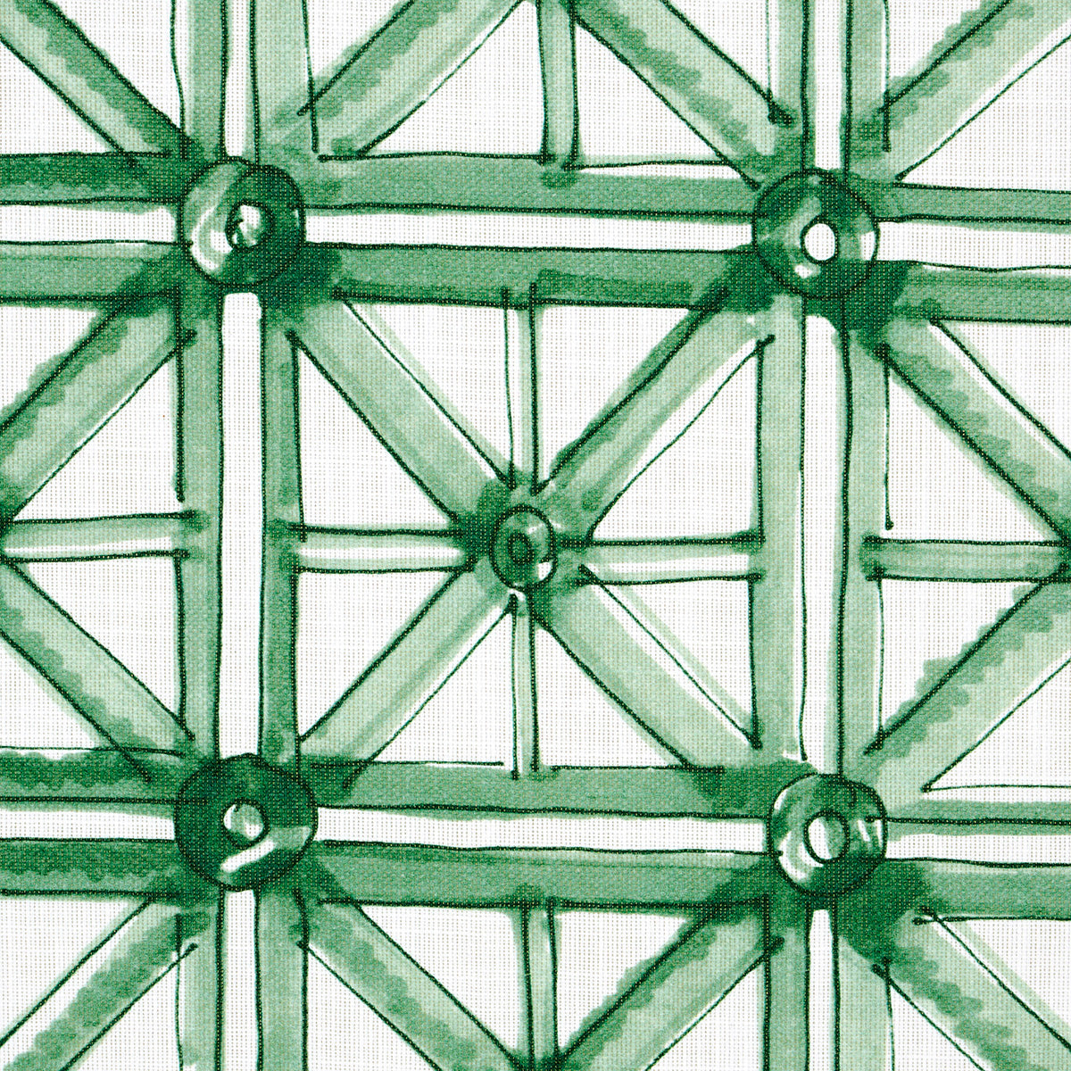 Emerald green watercolor geometric lattice pattern with intersecting lines and circular nodes, decorative wall art.