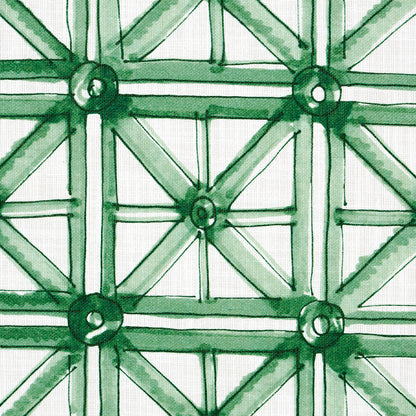 Emerald green watercolor geometric lattice pattern with intersecting lines and circular nodes, decorative wall art.