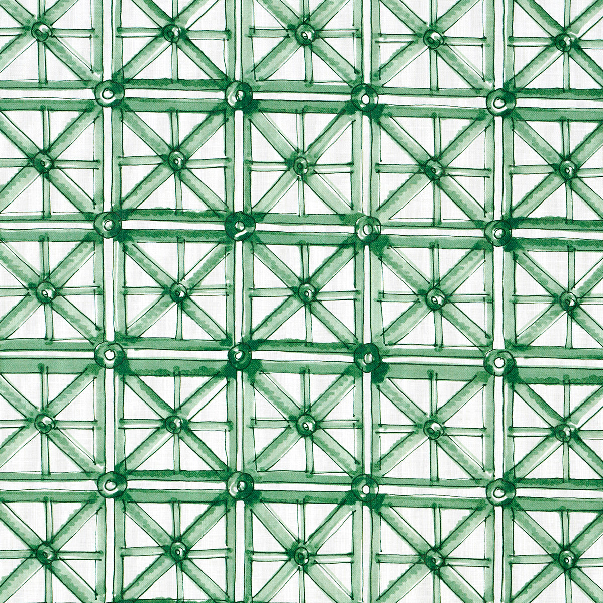 Emerald green lattice trellis print with circular nodes and X-shaped grid; indoor/outdoor wall decor.