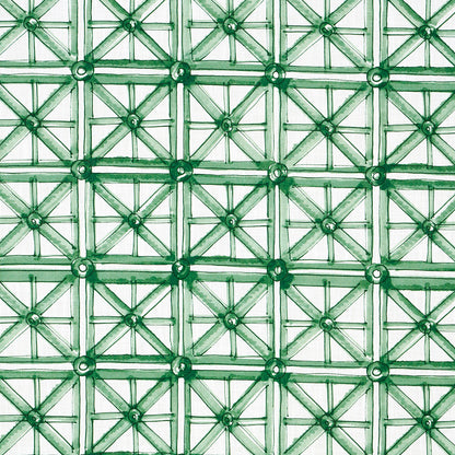 Emerald green lattice trellis print with circular nodes and X-shaped grid; indoor/outdoor wall decor.