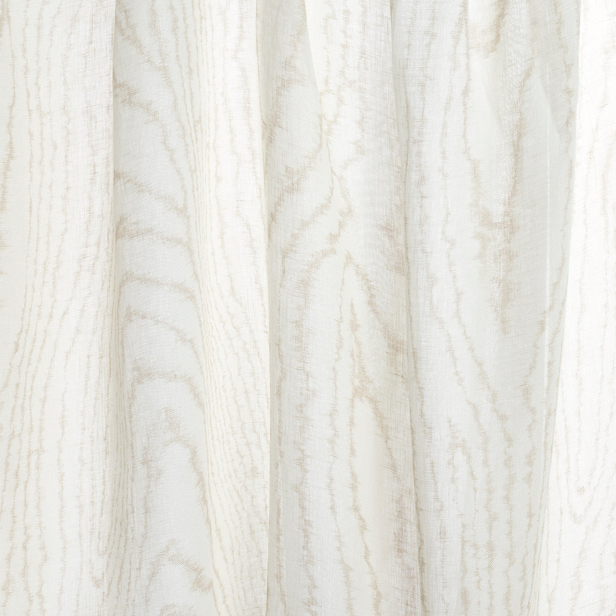 Off-white sheer curtain panel with subtle beige wood-grain pattern and soft drape.