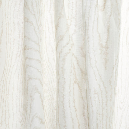 Off-white sheer curtain panel with subtle beige wood-grain pattern and soft drape.