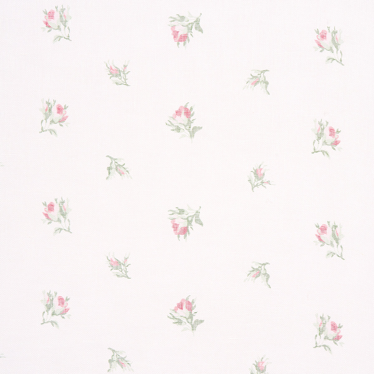 Cream background with scattered tiny pink rose bouquets and pale green leaves; delicate vintage floral print.