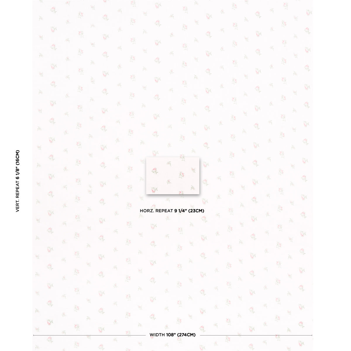White wallpaper with tiny pale pink floral pattern; sample shows 9 1/4 inch horizontal repeat and 108 inch width.
