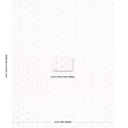 White wallpaper with tiny pale pink floral pattern; sample shows 9 1/4 inch horizontal repeat and 108 inch width.