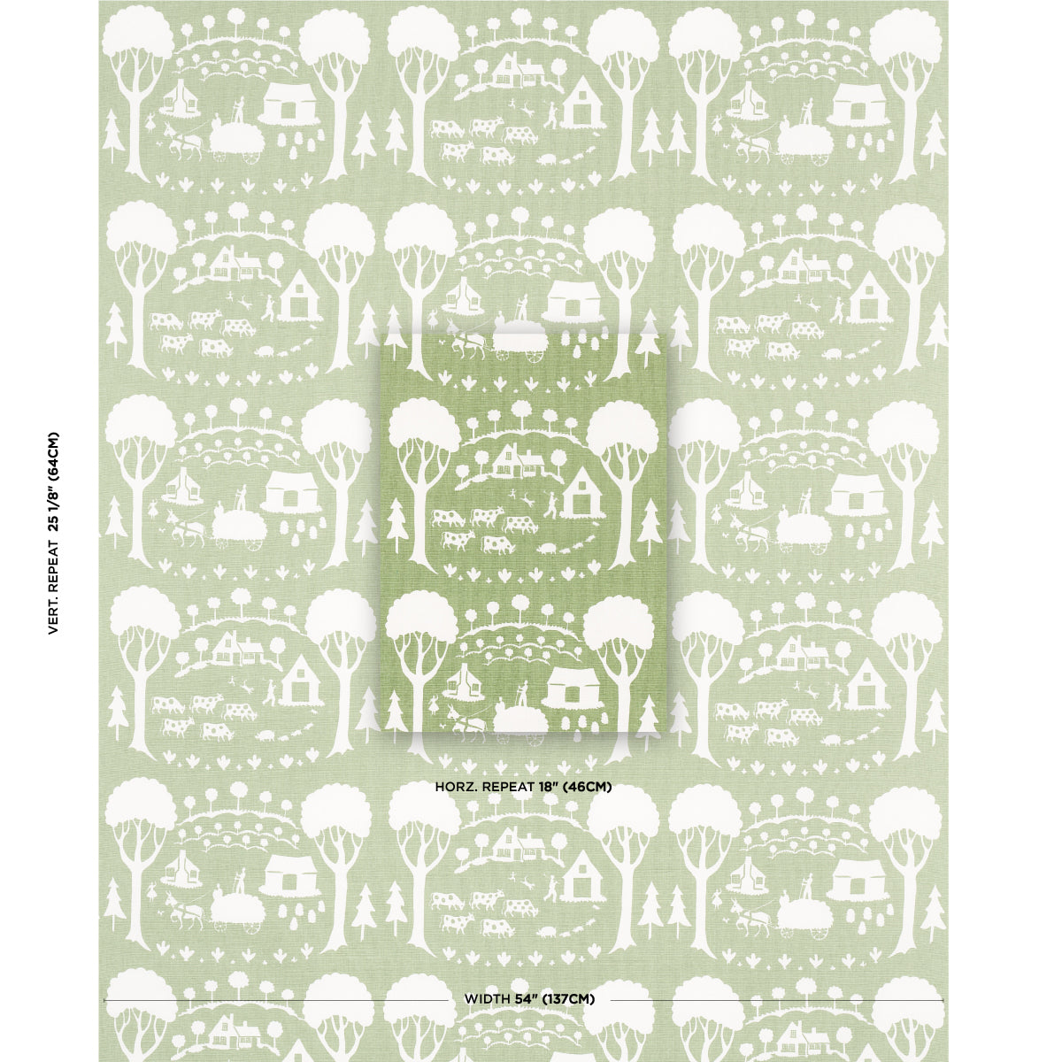 Soft sage-green print with a white woodland motif: trees, houses and hills in a repeating pastoral pattern.