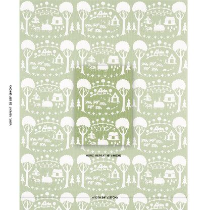 Soft sage-green print with a white woodland motif: trees, houses and hills in a repeating pastoral pattern.