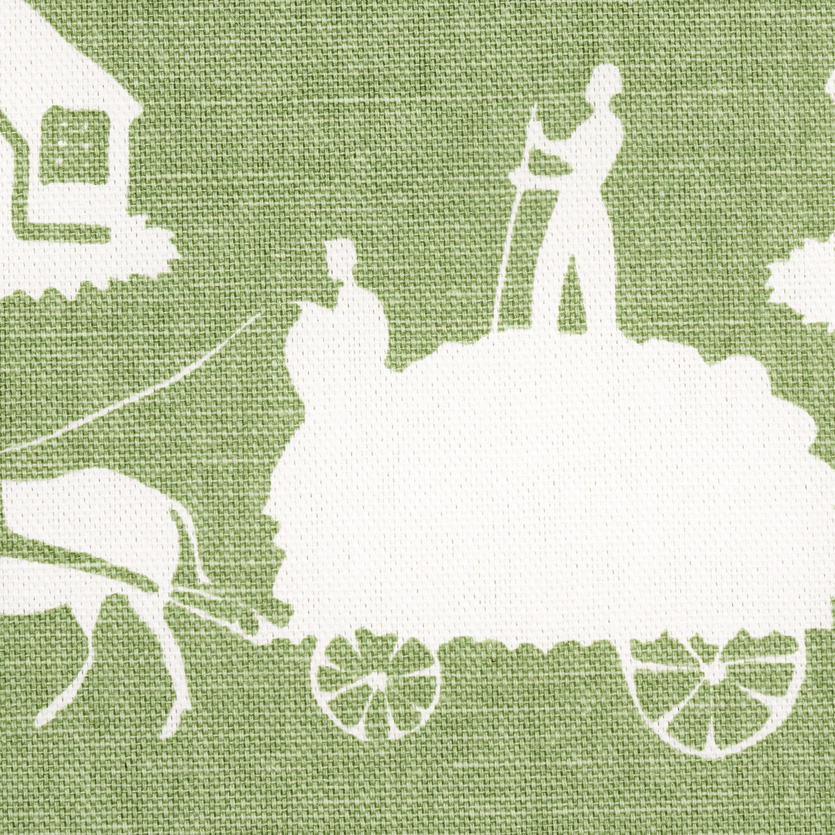 Green textured fabric with white silhouettes of a horse-drawn wagon and a standing figure, rustic pattern.