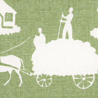 Green textured fabric with white silhouettes of a horse-drawn wagon and a standing figure, rustic pattern.
