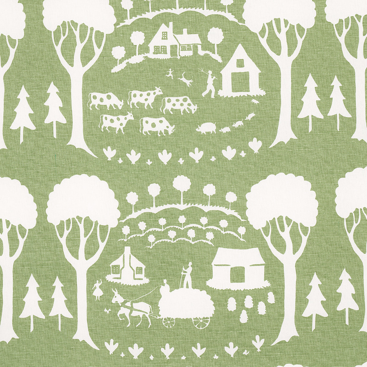 Sage green fabric with white pastoral farm motif: trees, cottages, cows, sheep, a horse-drawn cart, & villagers.