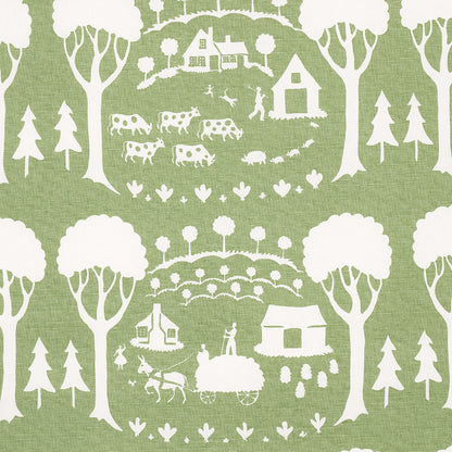 Sage green fabric with white pastoral farm motif: trees, cottages, cows, sheep, a horse-drawn cart, & villagers.
