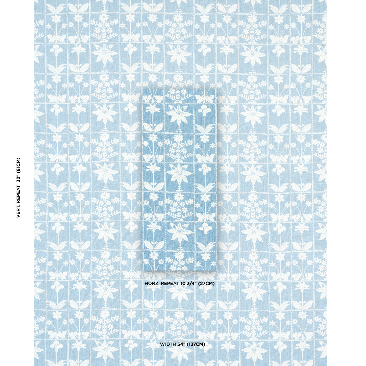 Blue and white floral lattice fabric with small star-like flowers in a grid pattern.