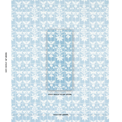Blue and white floral lattice fabric with small star-like flowers in a grid pattern.