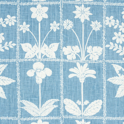 Blue fabric with white floral botanical print in square panels; vintage-inspired textile for curtains or upholstery.