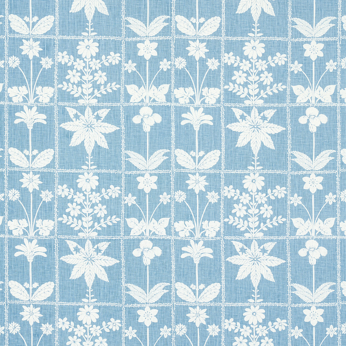 Blue fabric with white floral motifs in a grid-like repeating pattern.