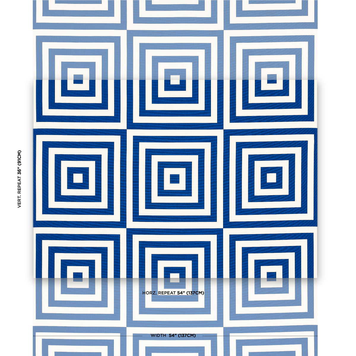 Folded blue and white geometric square-spiral textile; bold optical pattern, ideal for bedding, throw or wall decor.
