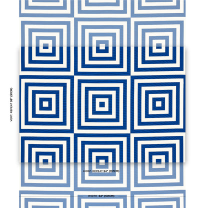 Folded blue and white geometric square-spiral textile; bold optical pattern, ideal for bedding, throw or wall decor.