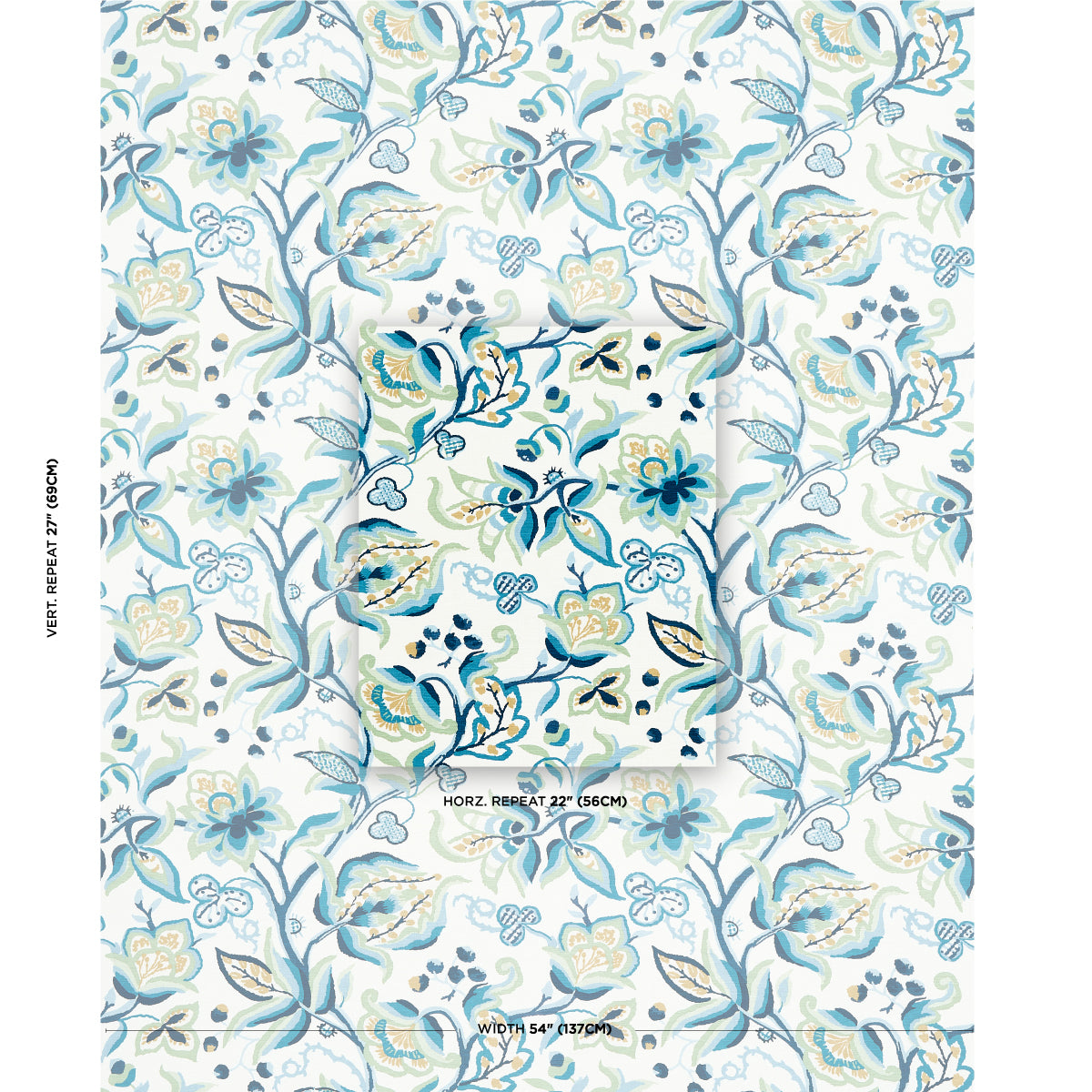 Blue and teal floral pattern textile with intertwining vines; decorative botanical print for curtains or upholstery.