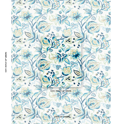 Blue and teal floral pattern textile with intertwining vines; decorative botanical print for curtains or upholstery.