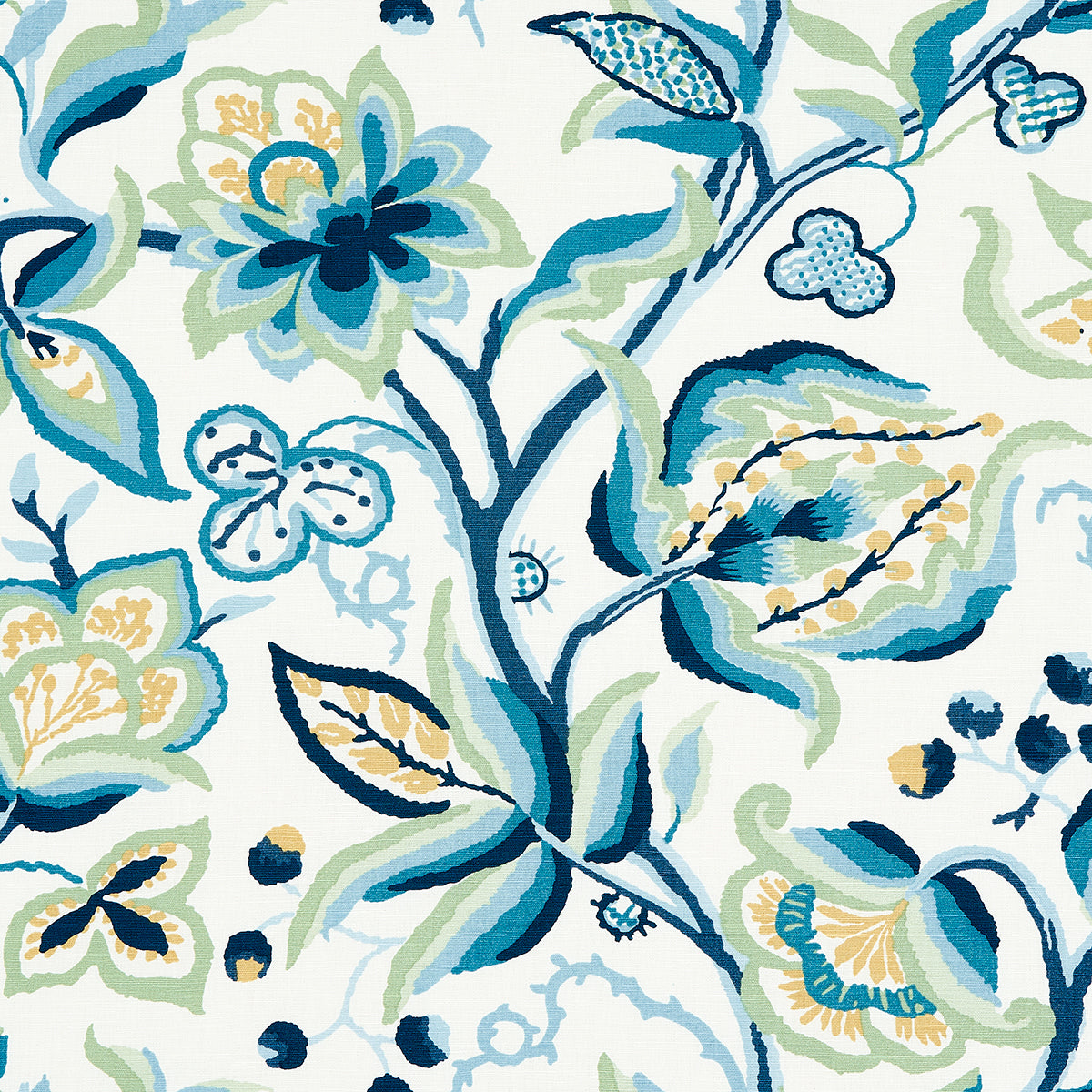 Blue, teal, and mint floral pattern on white fabric; ornate botanical design suitable for upholstery or curtains.