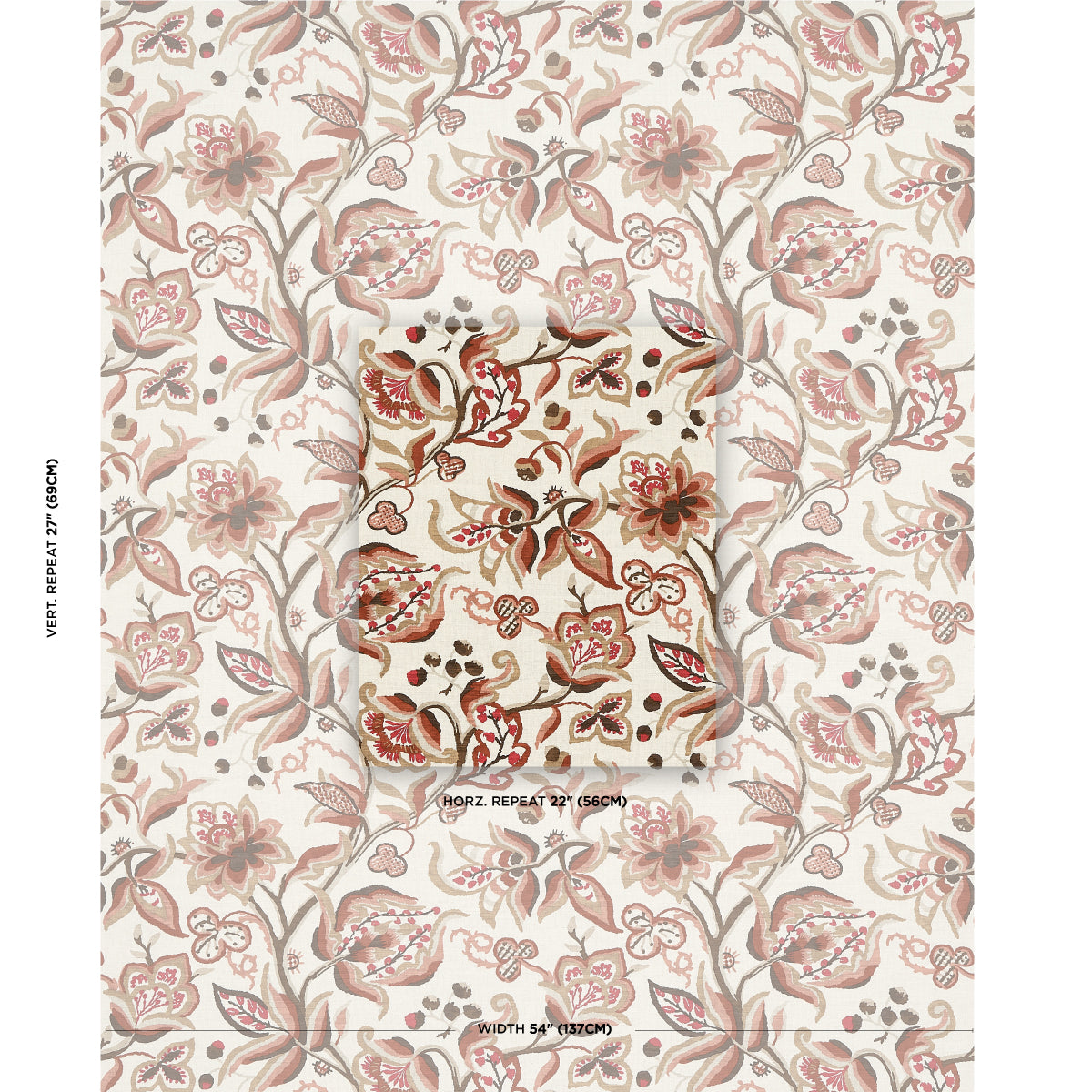 Floral wallpaper pattern with pink, brown & beige on ivory background; vintage damask botanical motif.