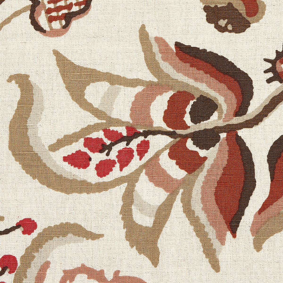 Beige woven textile with a large abstract floral damask pattern in cream, tan, brown and red tones.