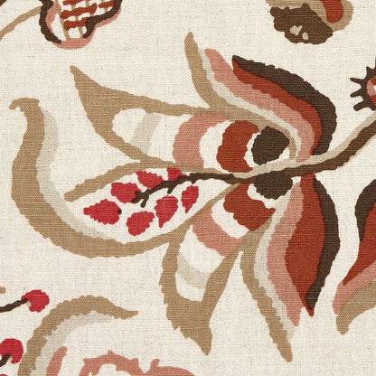 Beige woven textile with a large abstract floral damask pattern in cream, tan, brown and red tones.
