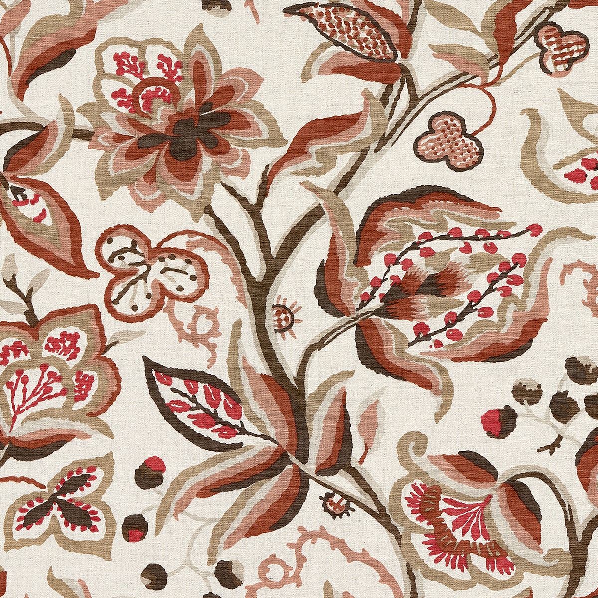Beige linen print with a red-brown floral pattern of twisting vines and pink accents.