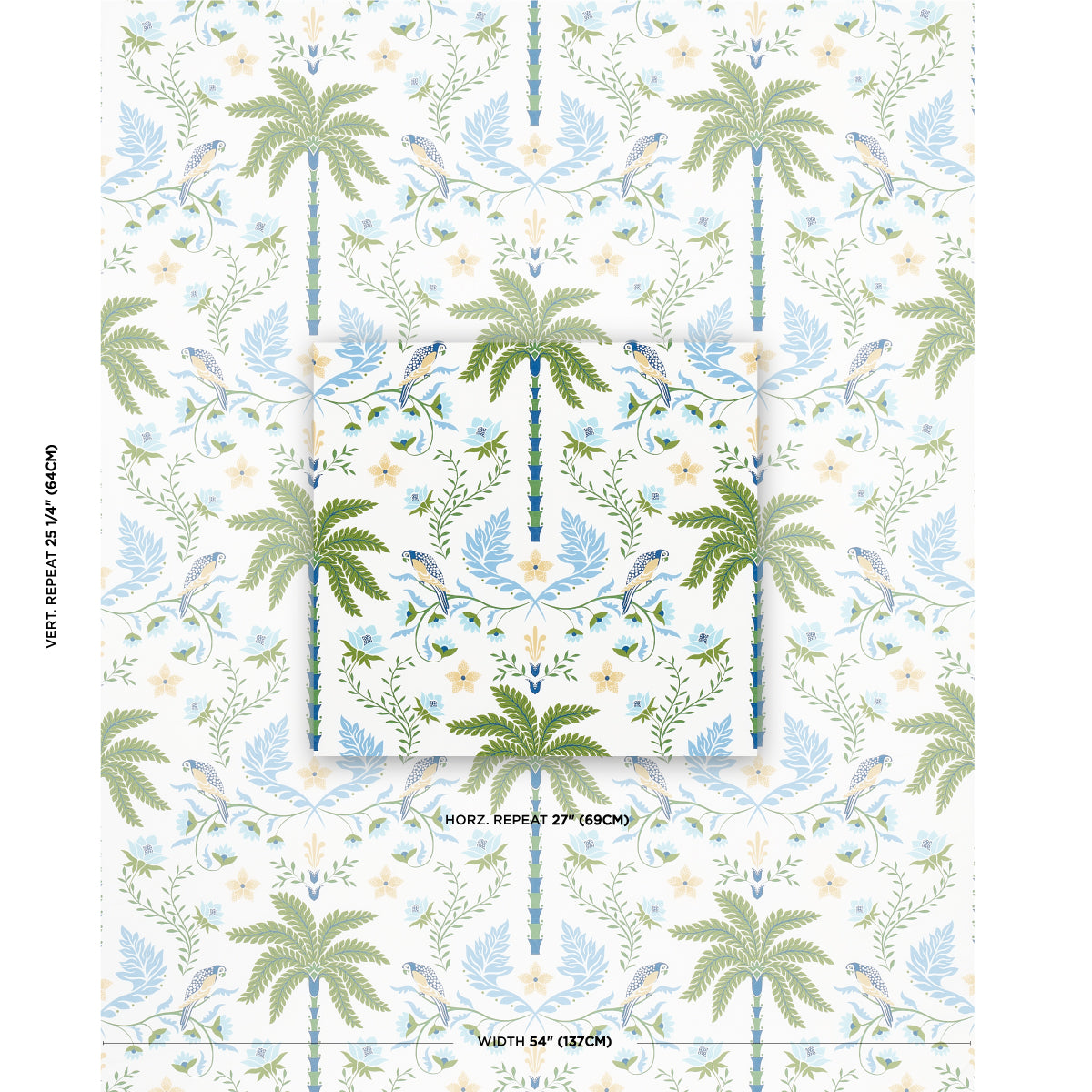 Palm tree botanical wallpaper with blue-green palms and vines on pale ivory background; sample swatch.