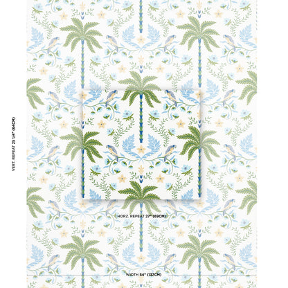 Palm tree botanical wallpaper with blue-green palms and vines on pale ivory background; sample swatch.