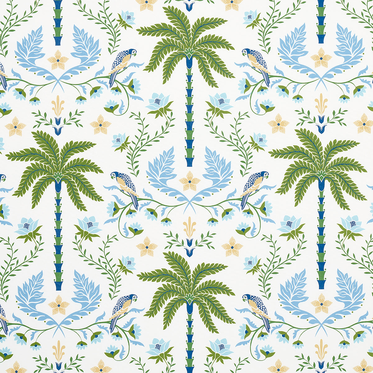 Repeating island palm motif with green palm trees on a cream background