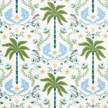 Repeating island palm motif with green palm trees on a cream background