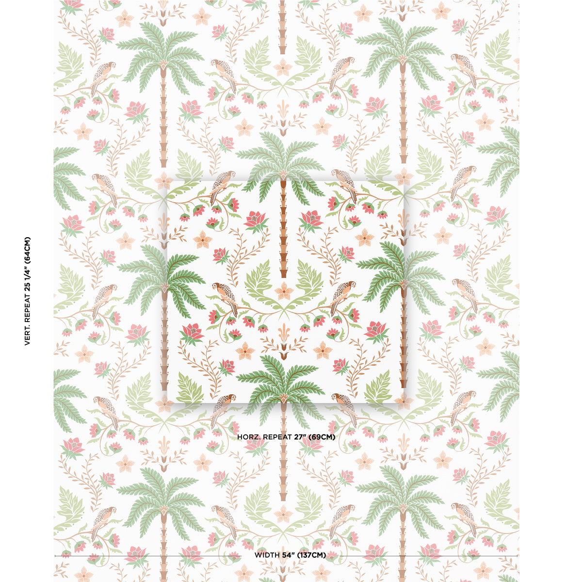Tropical palm leaf wallpaper in pastel greens with pink flowers and beige vines.