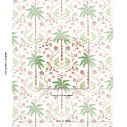 Tropical palm leaf wallpaper in pastel greens with pink flowers and beige vines.