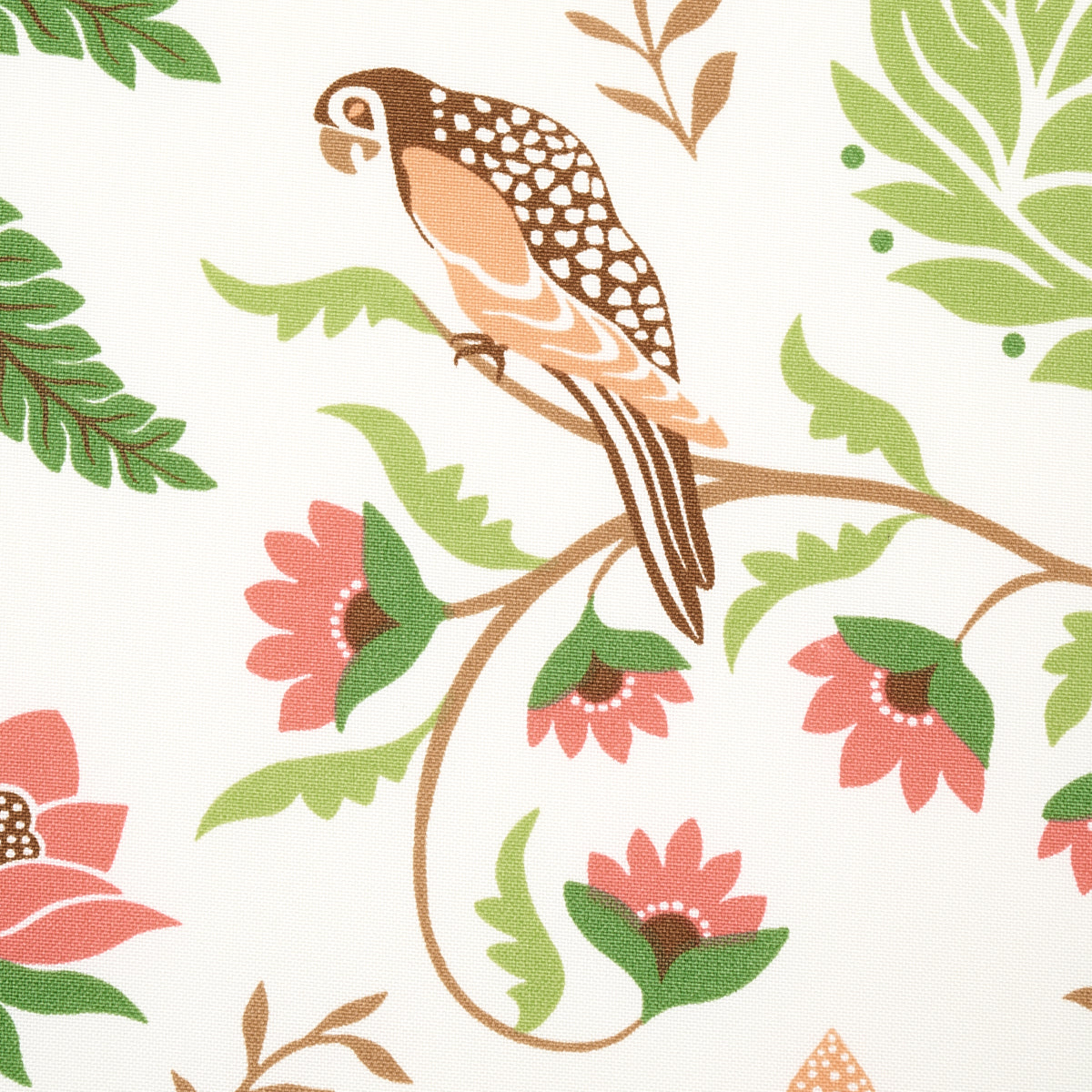 Brown bird perched on curling vines with pink blossoms and green leaves; botanical textile pattern.