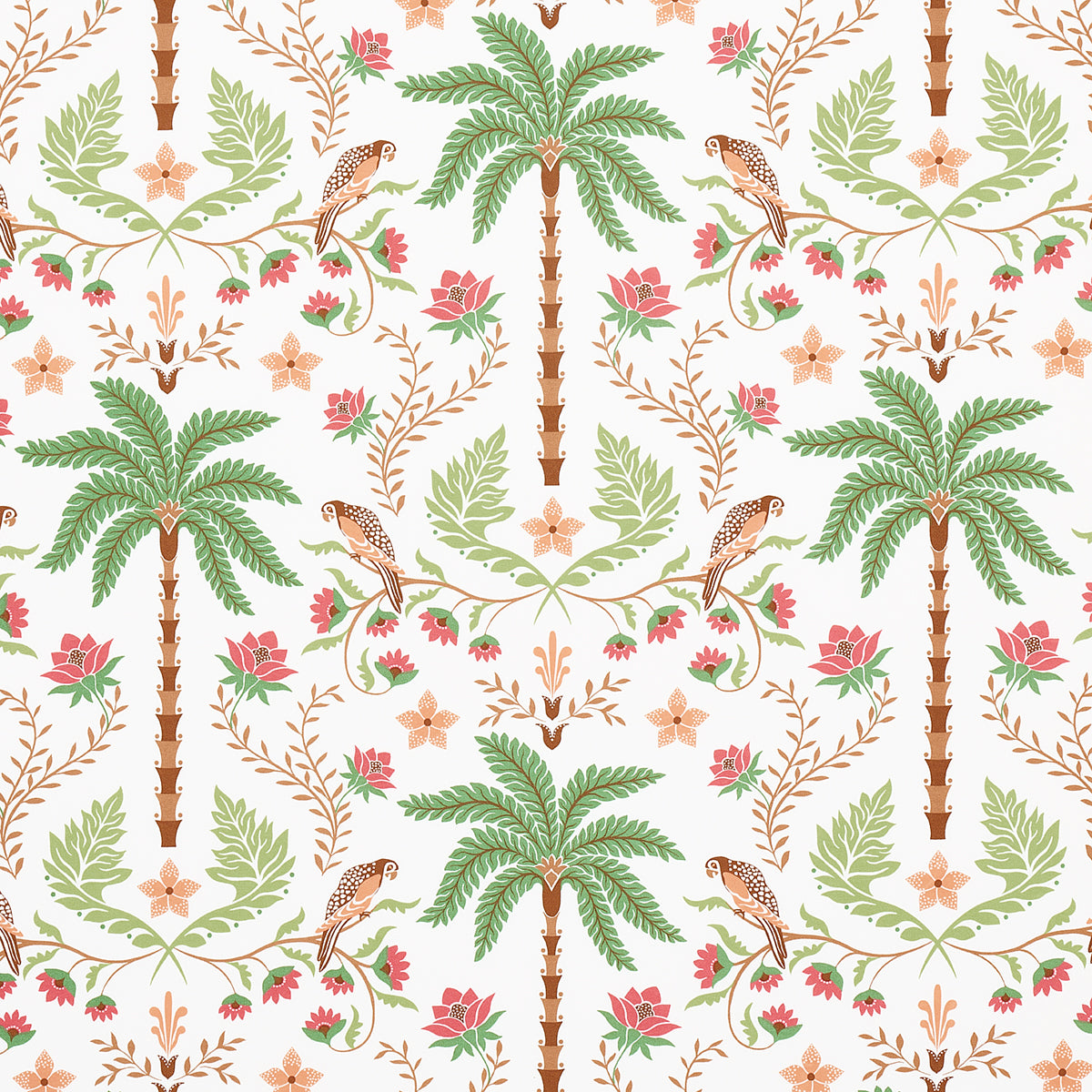 Seamless tropical botanical pattern with green palm trees, brown trunks, pink and peach flowers, and small birds.