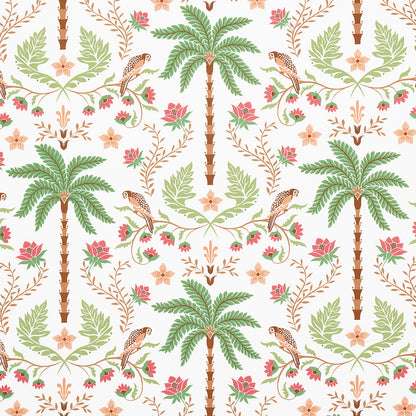 Seamless tropical botanical pattern with green palm trees, brown trunks, pink and peach flowers, and small birds.