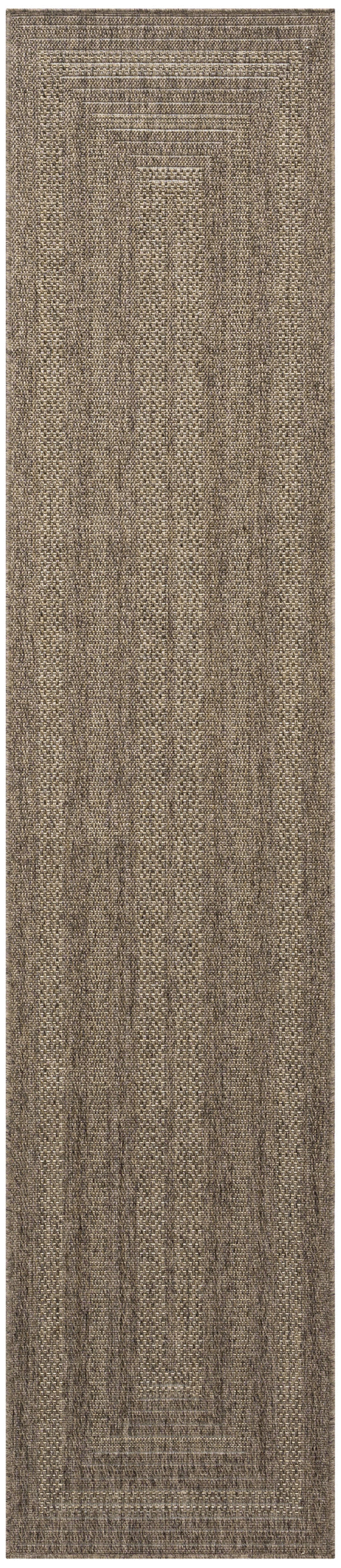Natural brown jute runner rug with geometric border; textured woven design for hallway or entry.