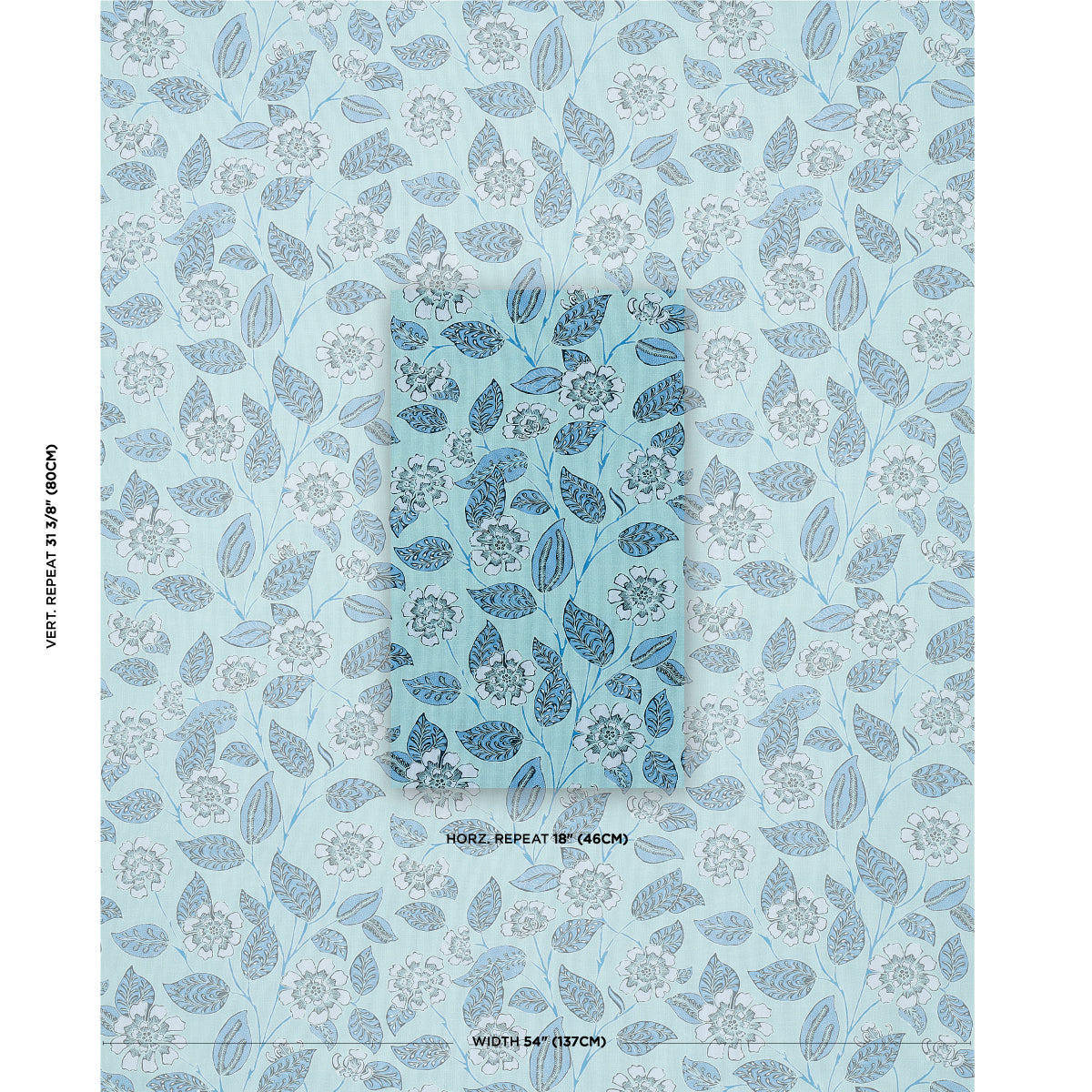 Soft blue floral wallpaper with light and dark blue leaves and blossoms in a repeating decorative pattern.