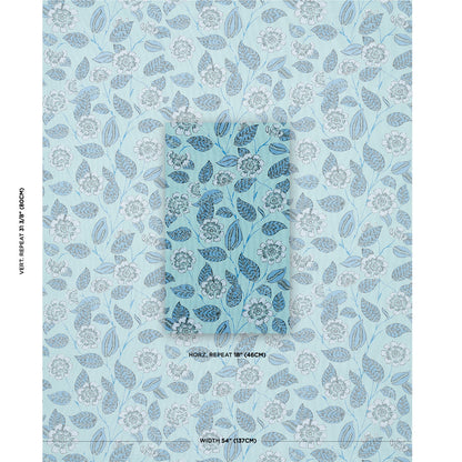 Soft blue floral wallpaper with light and dark blue leaves and blossoms in a repeating decorative pattern.