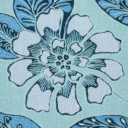 Blue floral fabric print with a large pale blue flower outlined in navy on turquoise background; textile style.
