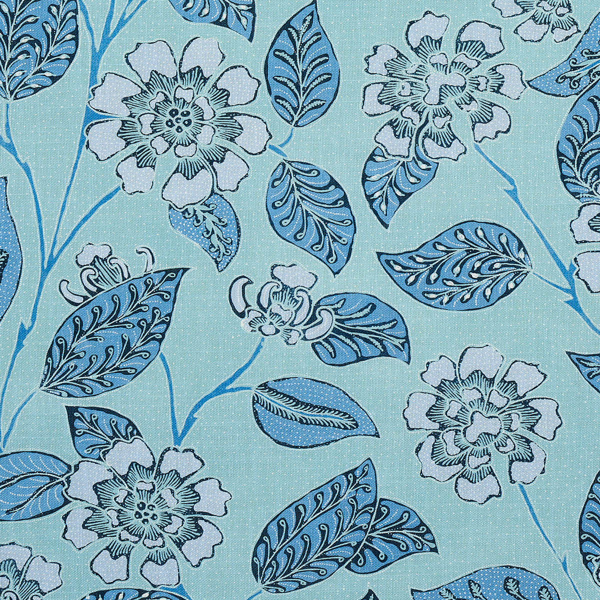 Light turquoise fabric with blue floral and leaf pattern; stylized flowers, vines and leaves in varying blue tones.